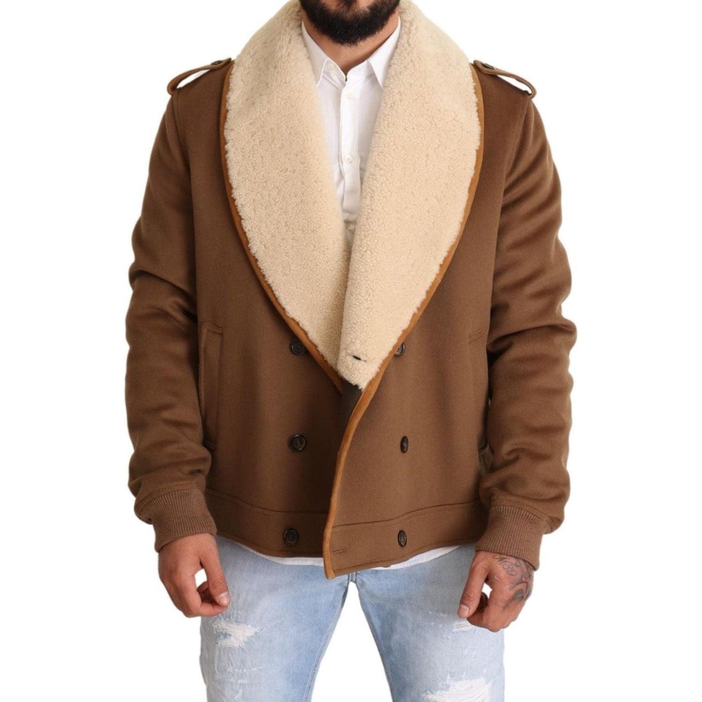 Dolce & Gabbana Elegant Double Breasted Shearling Jacket brown-double-breasted-shearling-coat-jacket