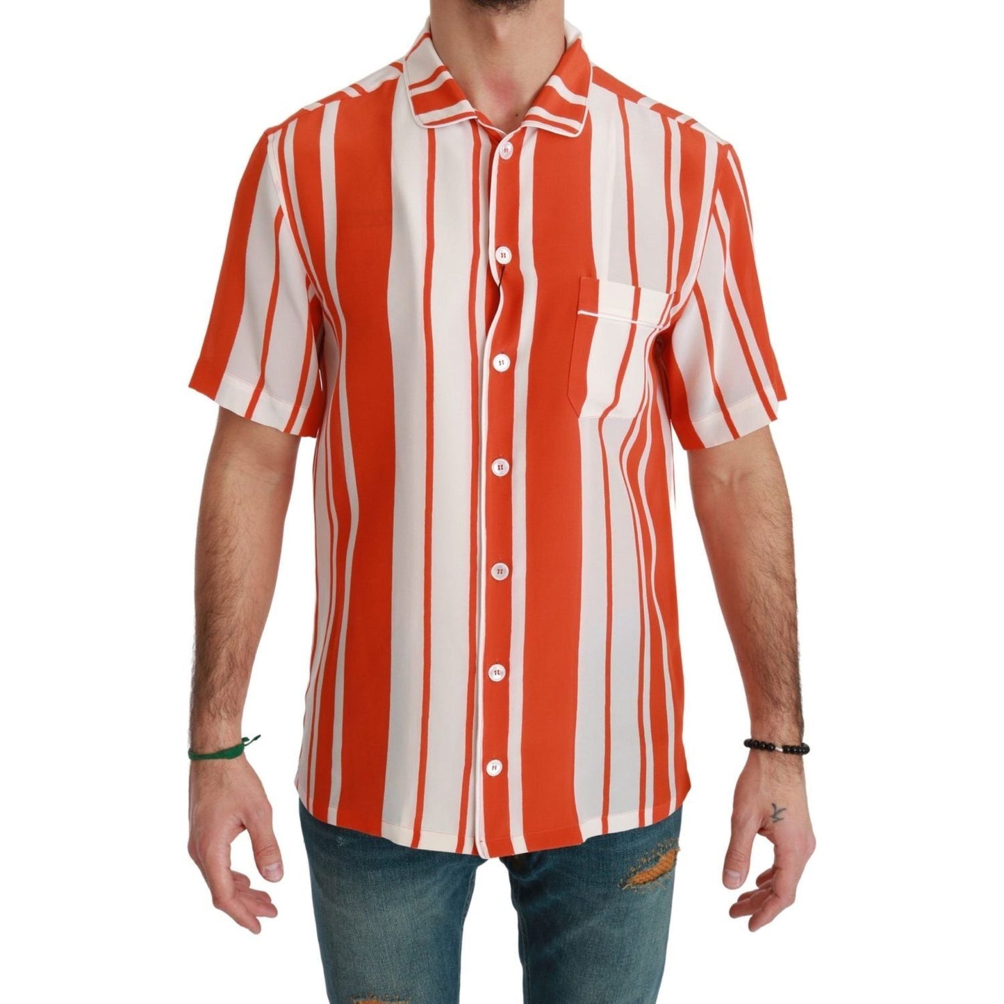Dolce & Gabbana Elegant Striped Silk Shirt - White & Orange orange-silk-striped-short-sleeve-white-shirt