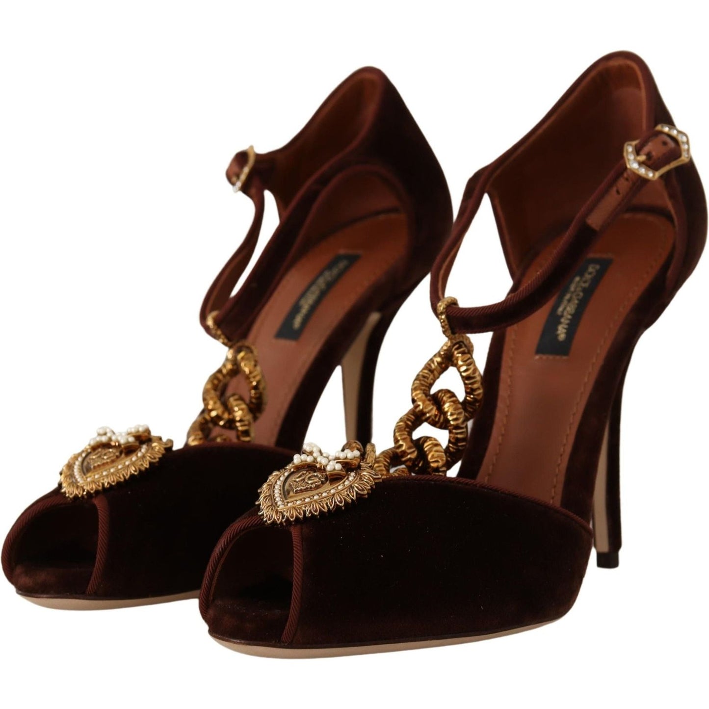 Dolce & Gabbana Elegant Gold Detail Velvet Heels brown-coppar-devotion-heart-sandals-shoes