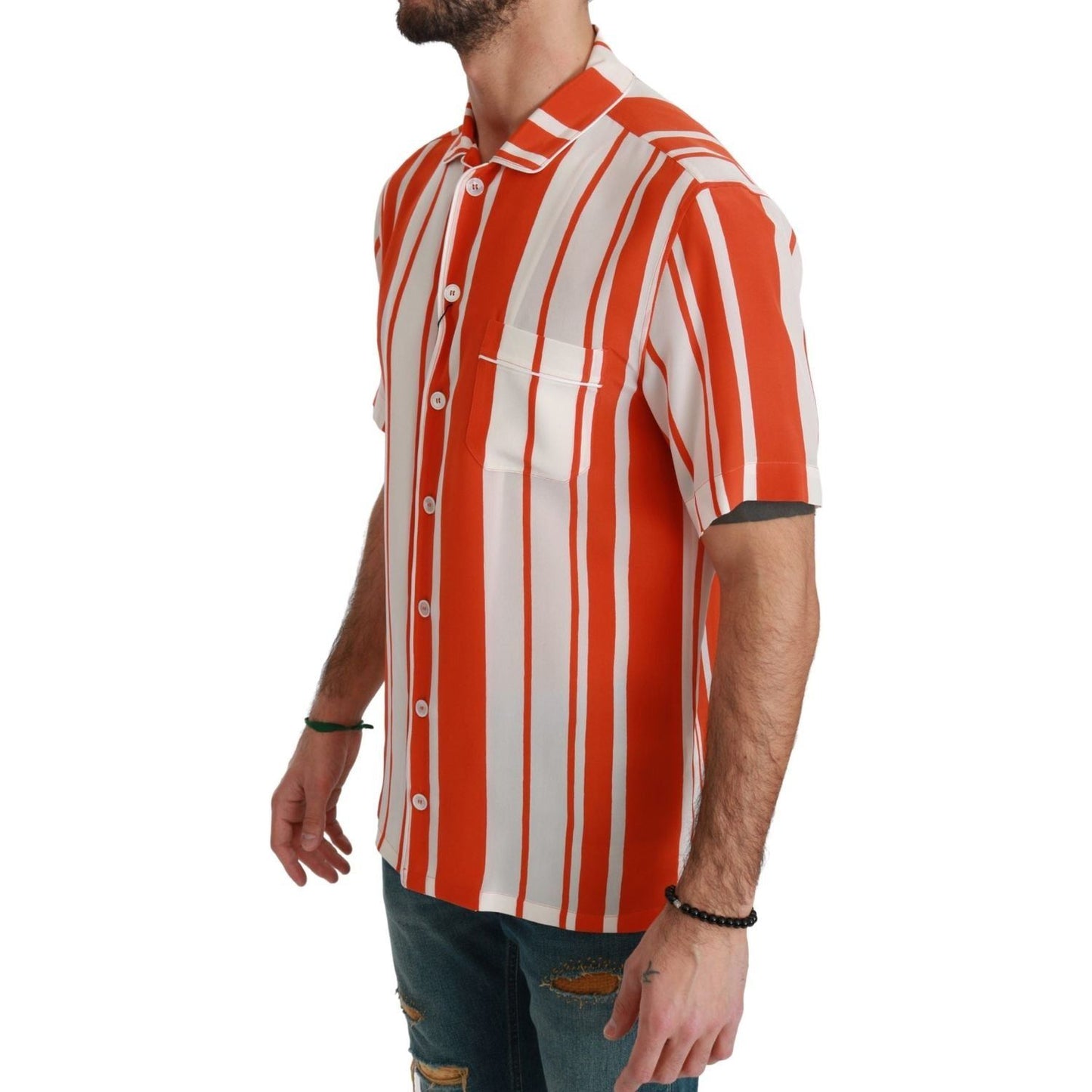 Dolce & Gabbana Elegant Striped Silk Shirt - White & Orange orange-silk-striped-short-sleeve-white-shirt IMG_0451-scaled-548d2199-d54.jpg