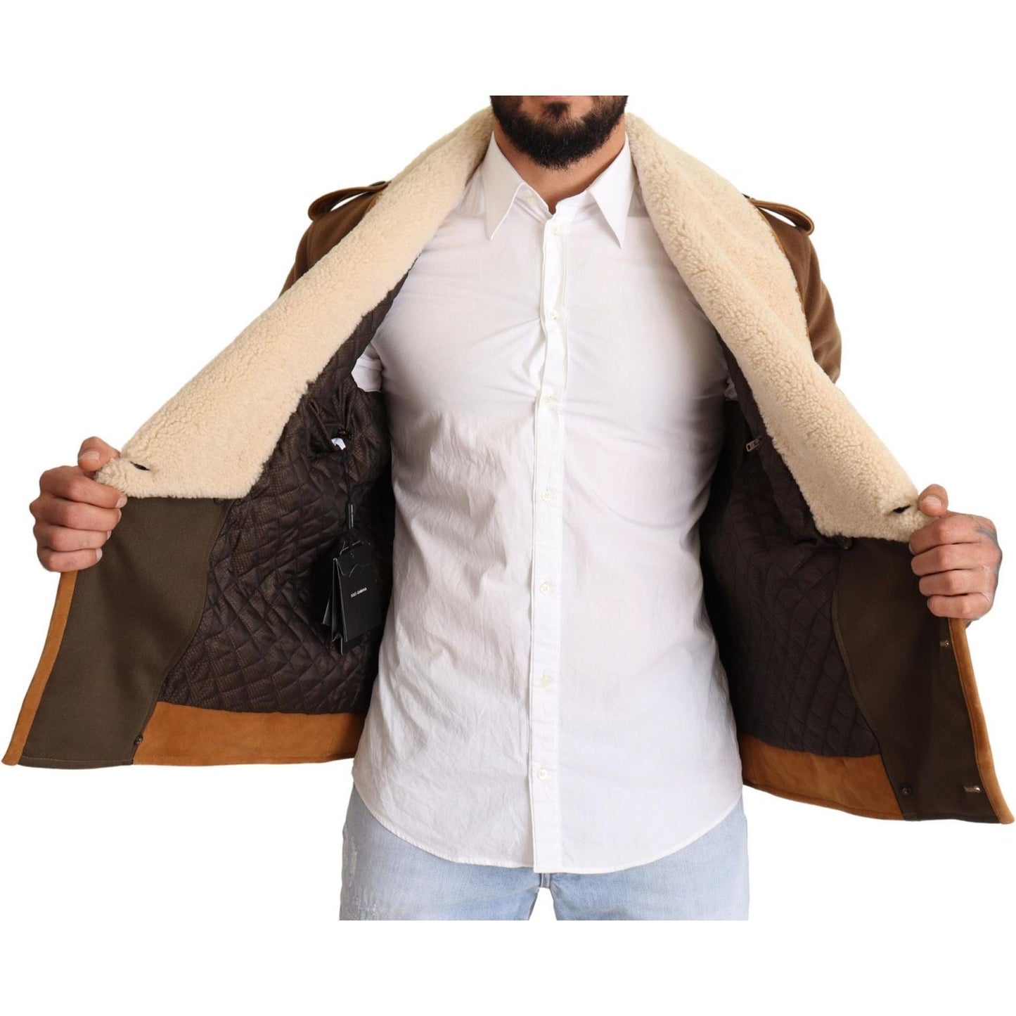 Dolce & Gabbana Elegant Double Breasted Shearling Jacket brown-double-breasted-shearling-coat-jacket