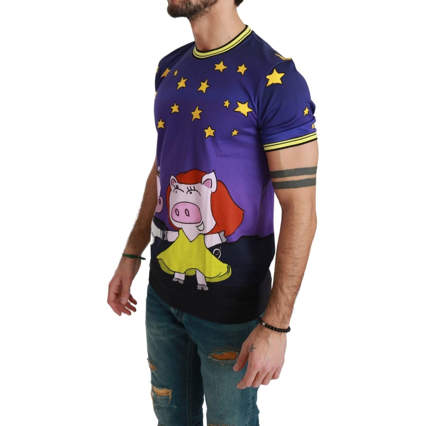 Dolce & Gabbana Purple Cotton Round Neck T-Shirt with Pig Motif purple-cotton-top-2019-year-of-the-pig-t-shirt IMG_0469-1-scaled-8f414341-fa0.jpg