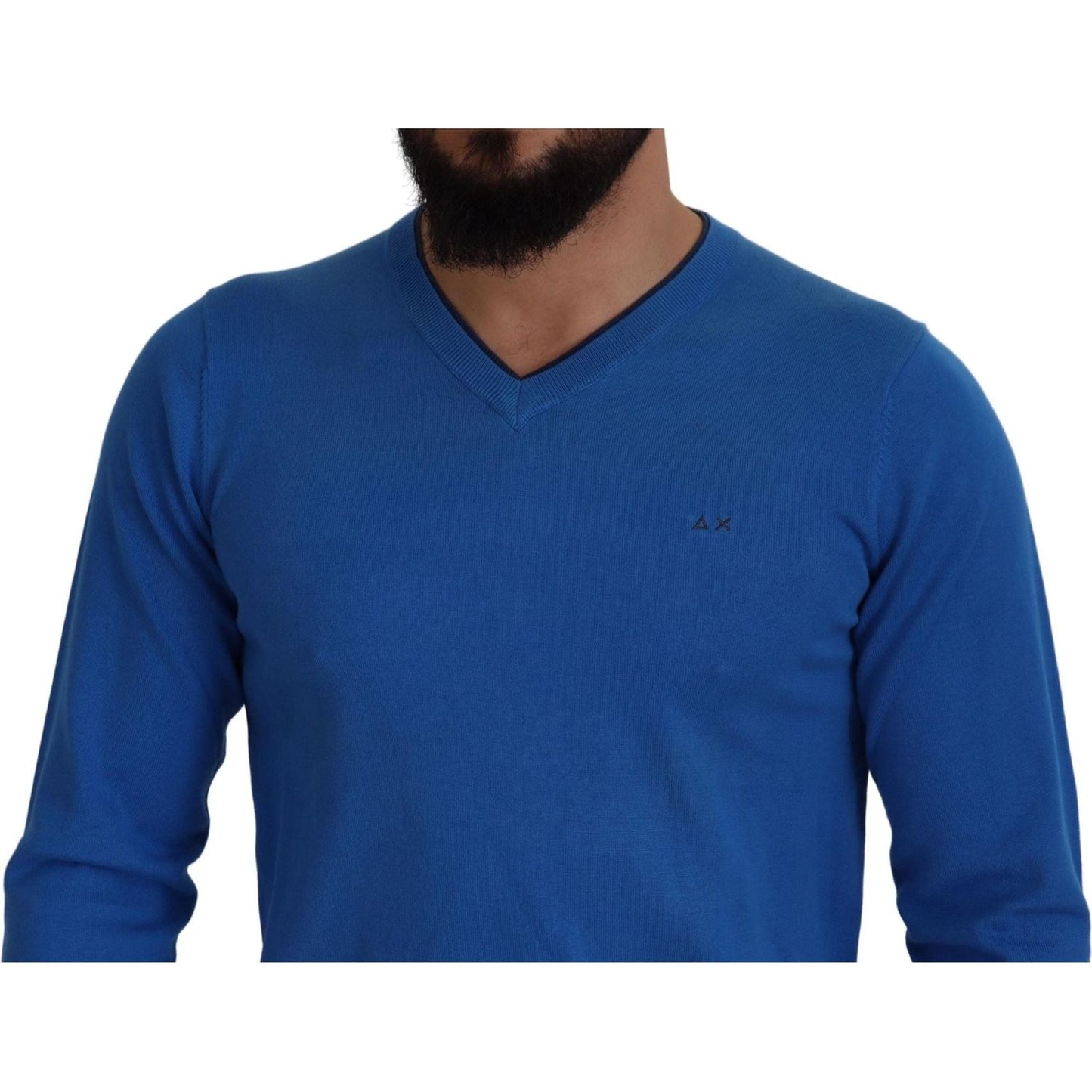 Sun68 Chic Blue Cotton Pullover Sweater blue-cotton-v-neck-knitted-men-pullover-sweater