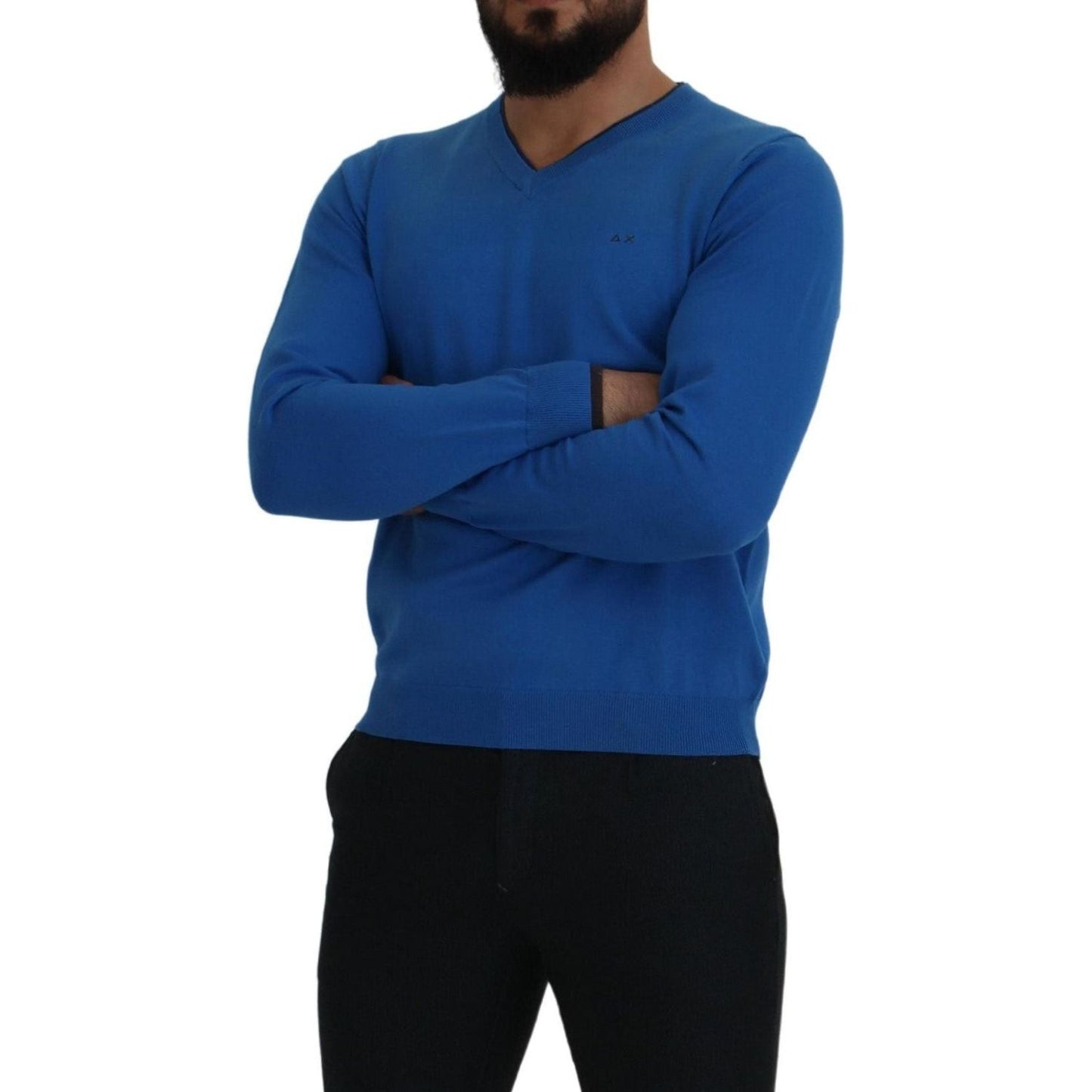 Sun68 Chic Blue Cotton Pullover Sweater blue-cotton-v-neck-knitted-men-pullover-sweater