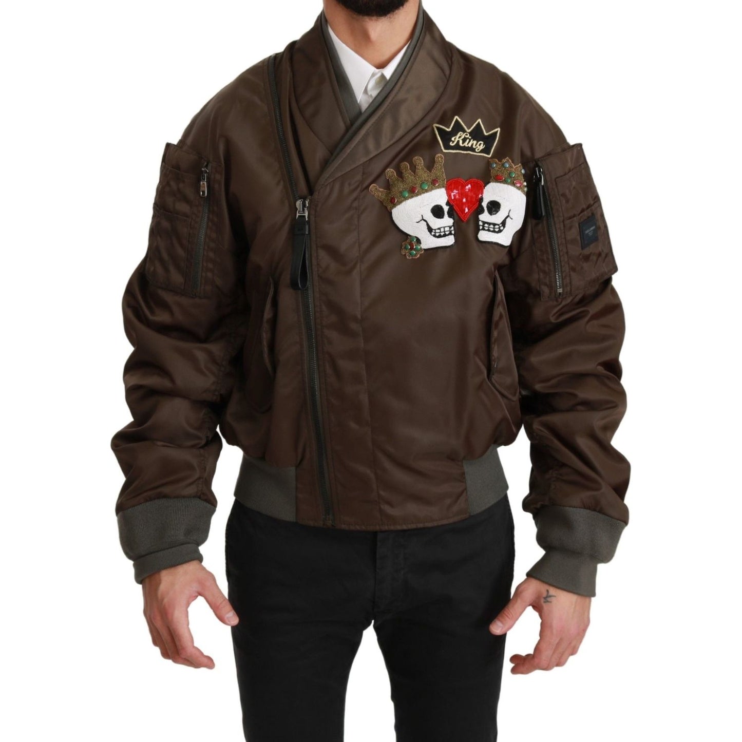 Dolce & Gabbana Sequined Double-Breasted Bomber Jacket brown-beaded-crown-skull-logo-jacket Coats & Jackets