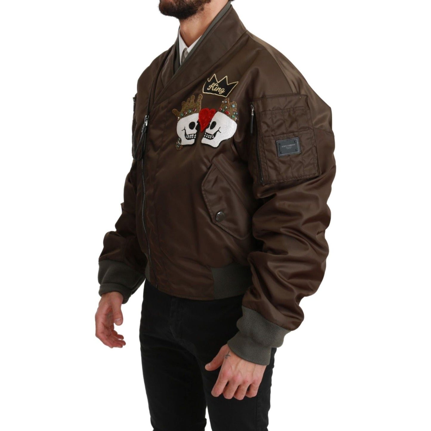 Dolce & Gabbana Sequined Double-Breasted Bomber Jacket Coats & Jackets brown-beaded-crown-skull-logo-jacket