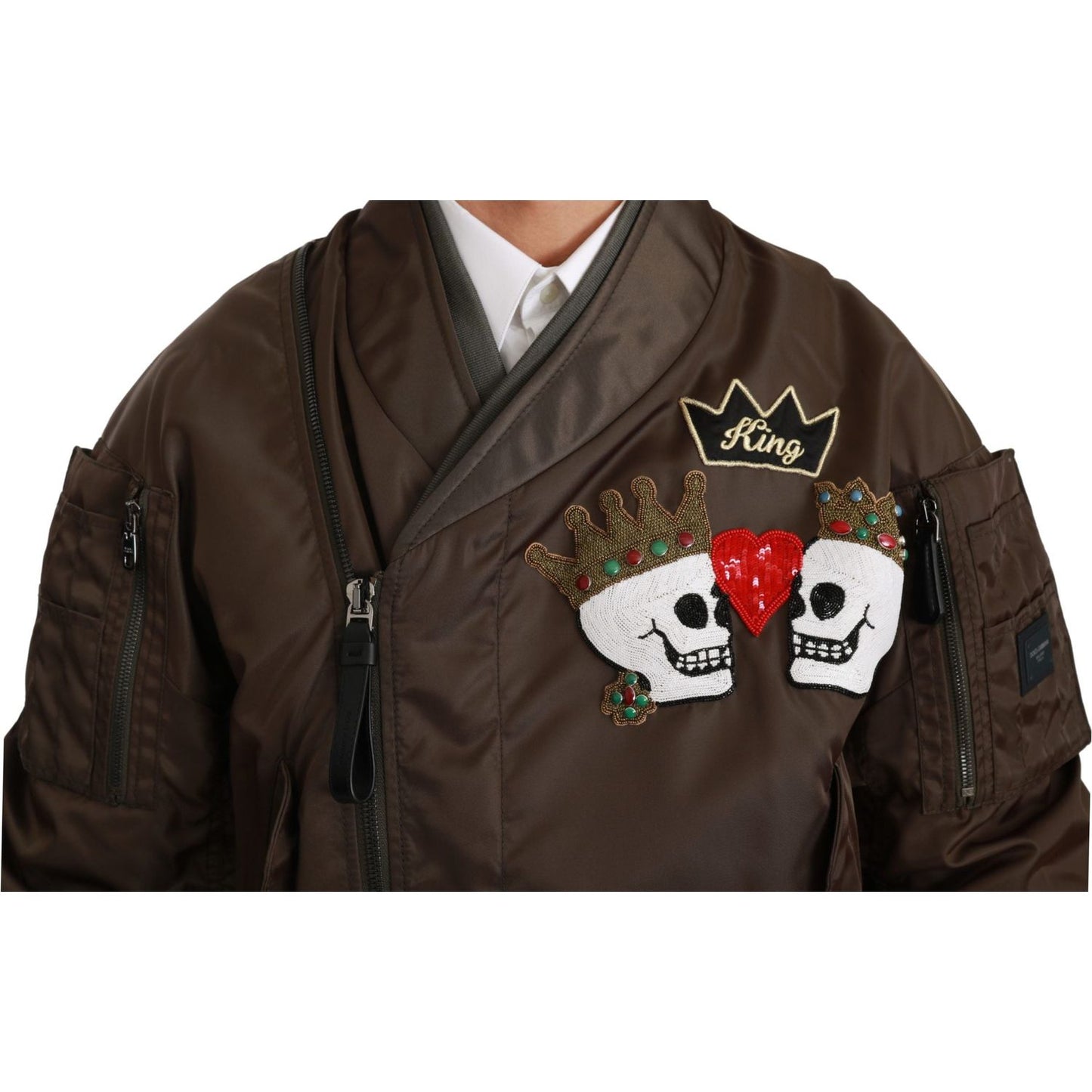 Dolce & Gabbana Sequined Double-Breasted Bomber Jacket Coats & Jackets brown-beaded-crown-skull-logo-jacket