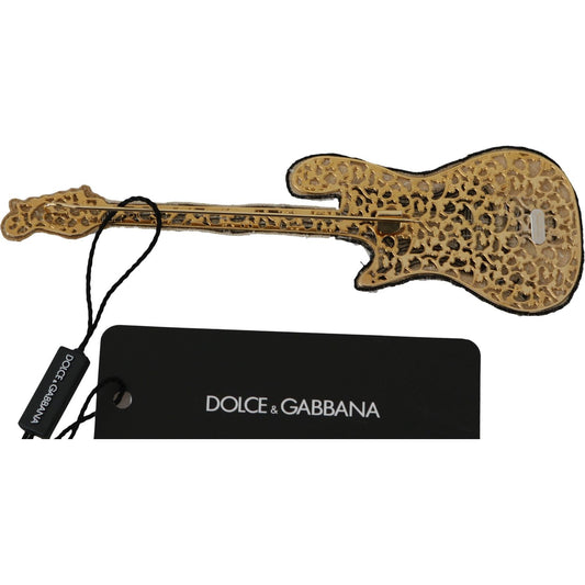 Dolce & Gabbana Gold Sequined Guitar Pin Brooch gold-brass-beaded-guitar-pin-accessory-brooch