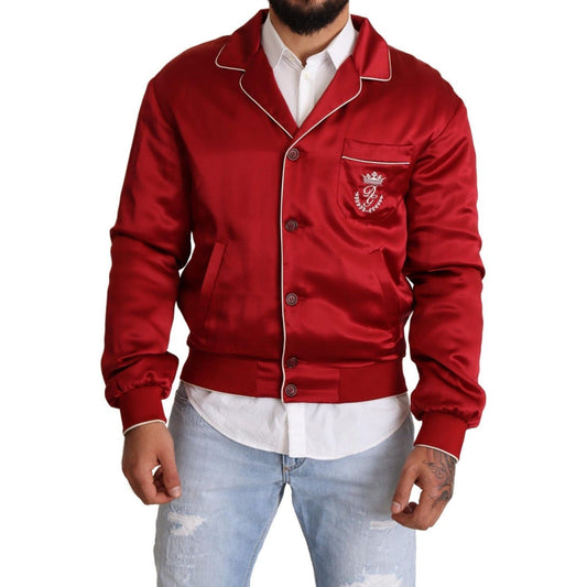 Dolce & Gabbana Sumptuous Silk Red Bomber Jacket red-silk-button-dg-logo-bomber-jacket IMG_0522-scaled-b59dc3d4-13d.jpg