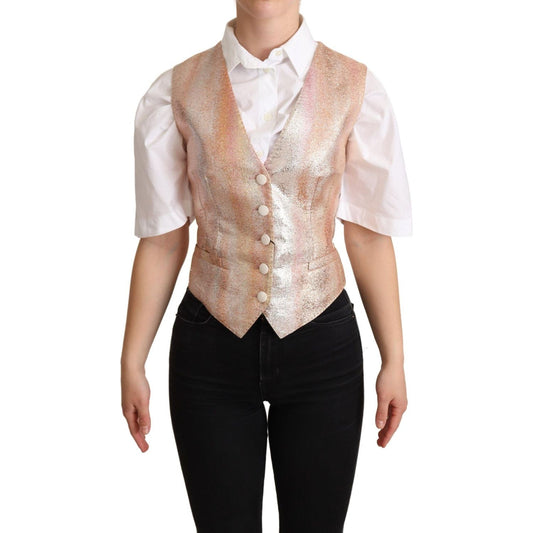 Dolce & Gabbana Elegant Pink Metallic Sheen Waistcoat pink-waistcoat-stripe-waistcoat-vest-top
