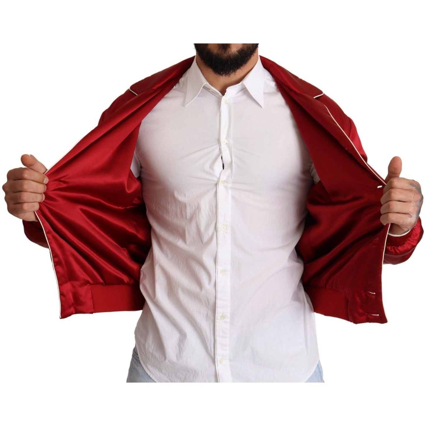 Dolce & Gabbana Sumptuous Silk Red Bomber Jacket red-silk-button-dg-logo-bomber-jacket