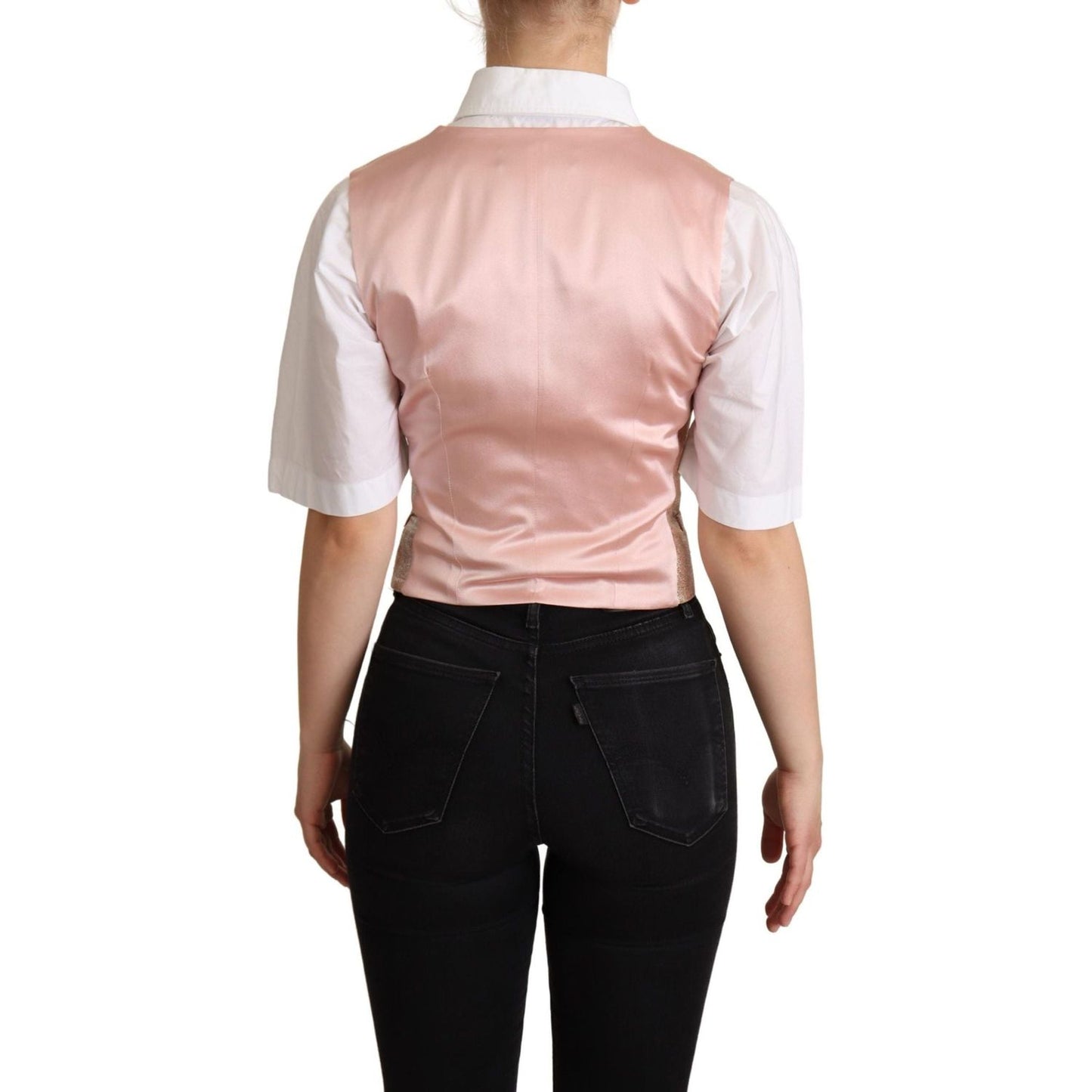Dolce & Gabbana Elegant Pink Metallic Sheen Waistcoat pink-waistcoat-stripe-waistcoat-vest-top