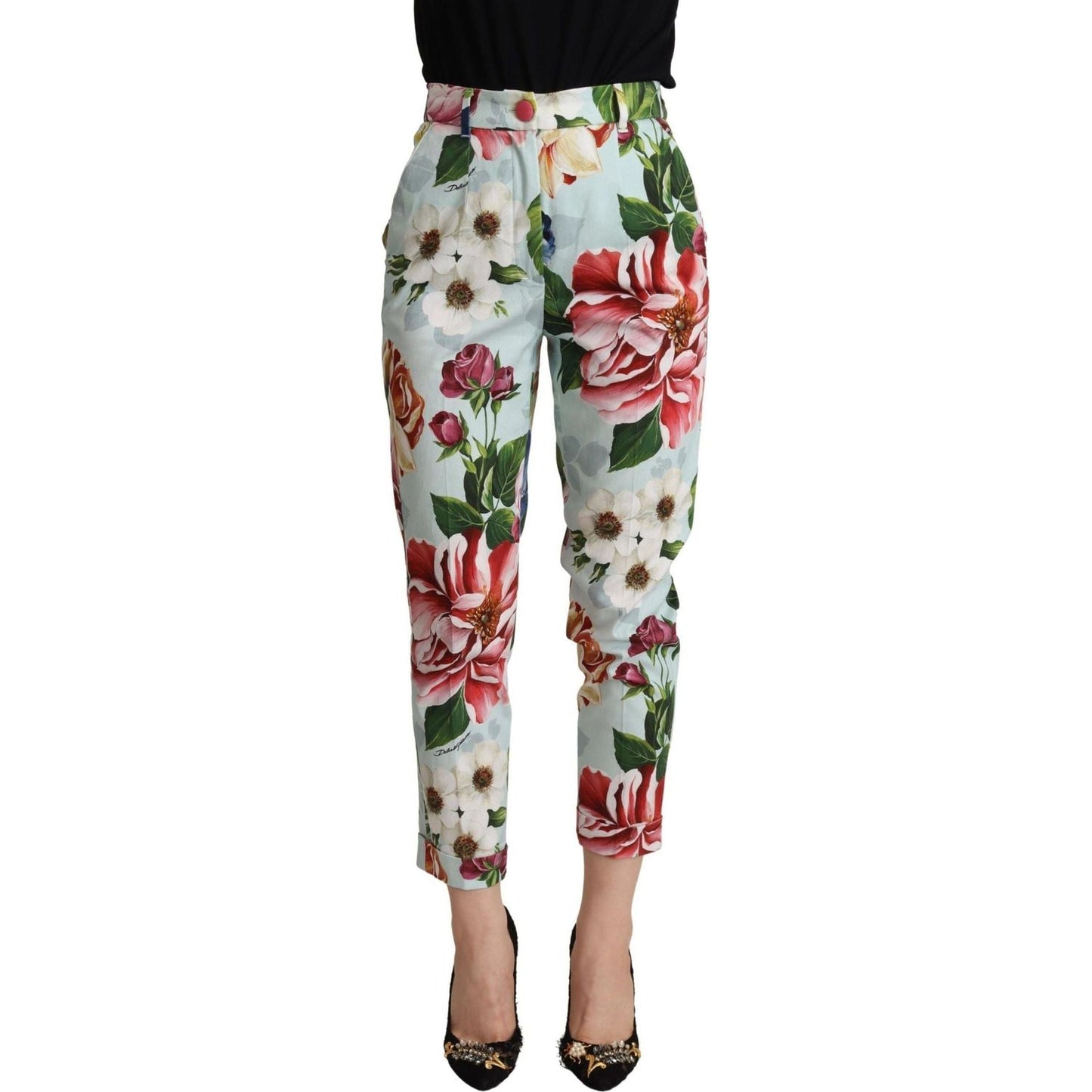 Dolce & Gabbana Elevate Your Chic with Floral Tapered Pants light-blue-fiori-print-cotton-trouser-tapered-pants