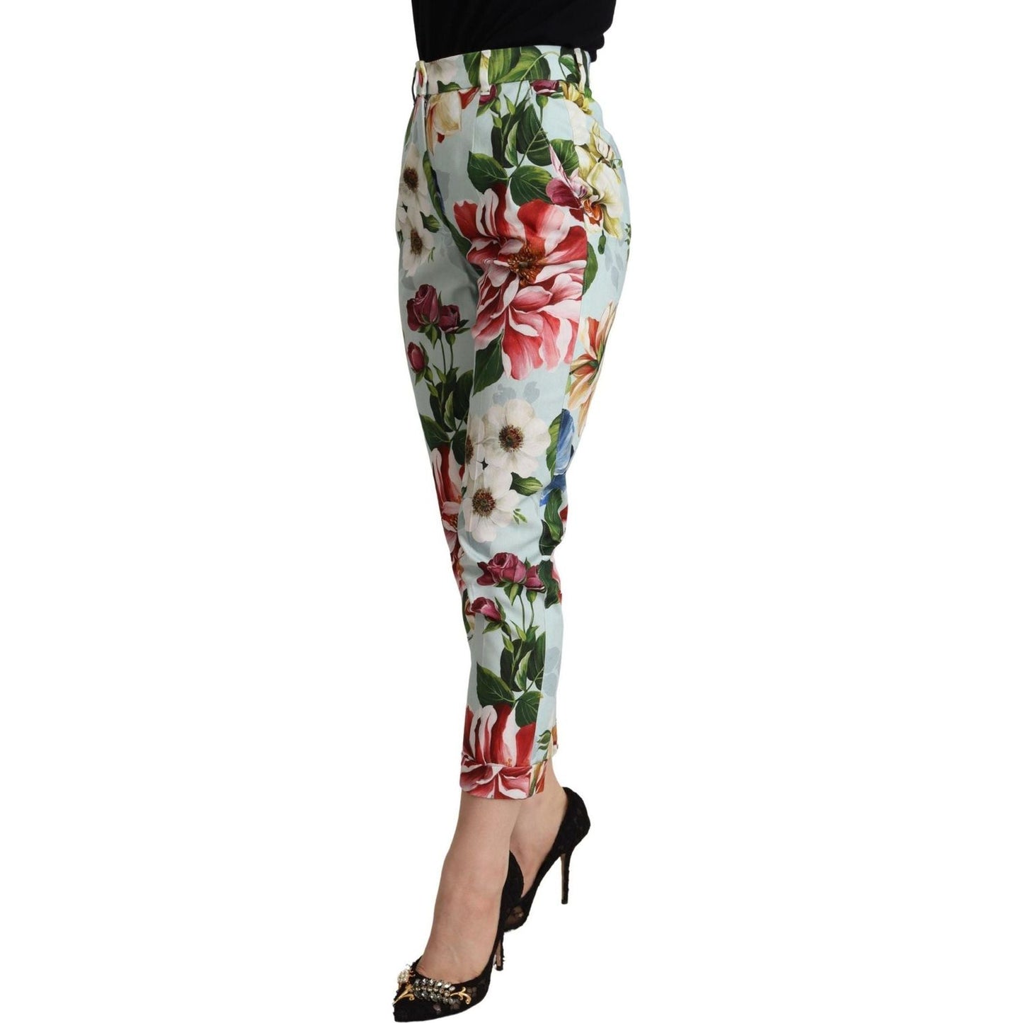 Dolce & Gabbana Elevate Your Chic with Floral Tapered Pants light-blue-fiori-print-cotton-trouser-tapered-pants