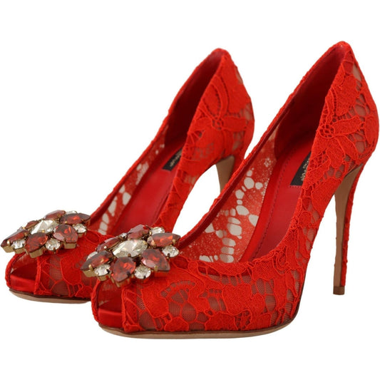 Dolce & Gabbana Red Crystal Taormina Lace Heels Pumps red-taormina-lace-crystal-heels-pumps