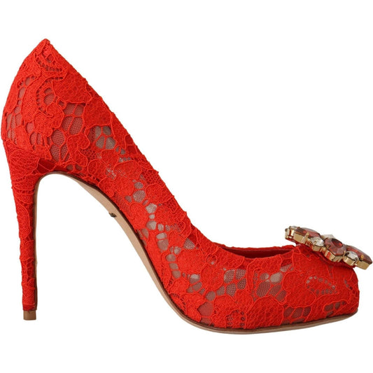 Dolce & Gabbana Red Crystal Taormina Lace Heels Pumps red-taormina-lace-crystal-heels-pumps IMG_0581-scaled-82e5e408-5a6.jpg