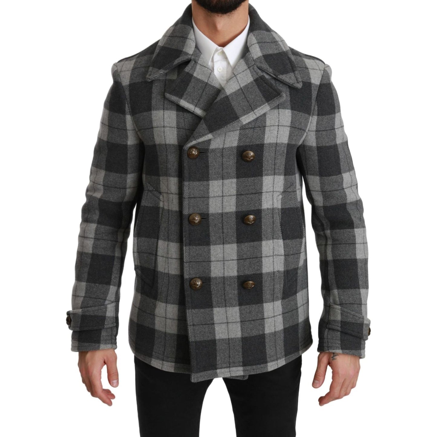 Dolce & Gabbana Elegant Gray Check Double Breasted Coat Coats & Jackets gray-check-wool-cashmere-coat-jacket IMG_0604-scaled-e128e3ab-177.jpg