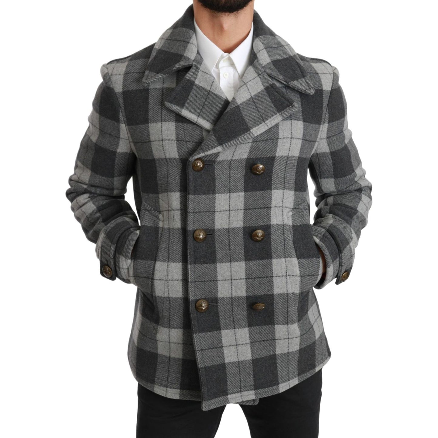 Dolce & Gabbana Elegant Gray Check Double Breasted Coat Coats & Jackets gray-check-wool-cashmere-coat-jacket IMG_0605-scaled-cace17c0-eac.jpg