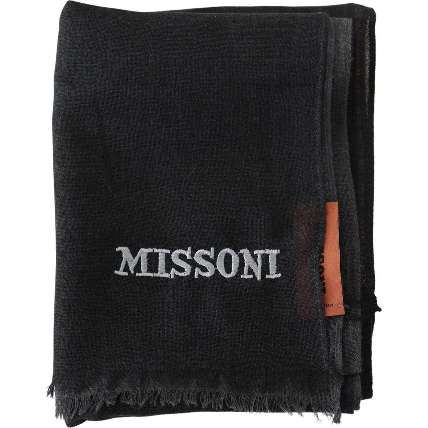 Missoni Elegant Black Wool Scarf with Embroidered Logo black-wool-unisex-neck-wrap-shawl-fringes-logo-scarf