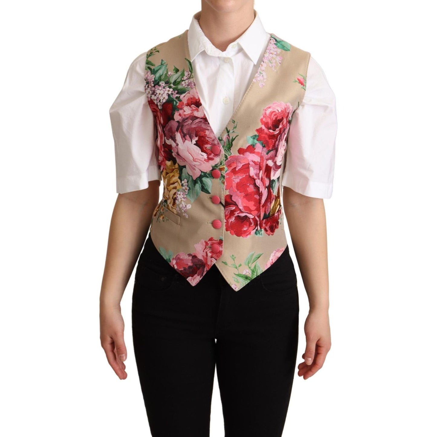 Dolce & Gabbana Elegant Floral Beige Sleeveless Vest beige-jacquard-floral-print-waistcoat-vest