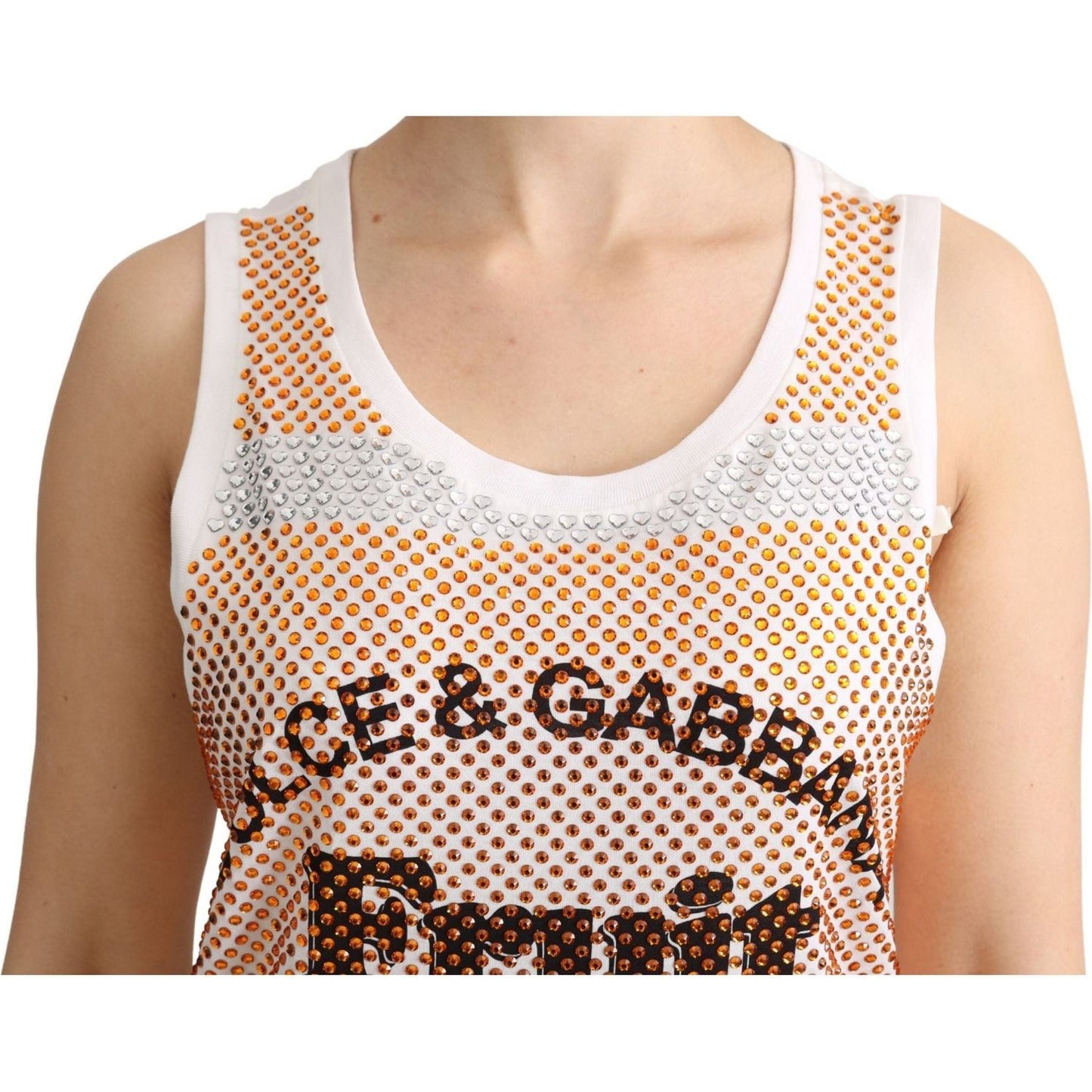 Dolce & Gabbana Crystal Embellished Sleeveless Cotton Top white-orange-crystal-sleeveless-tank-cotton-top
