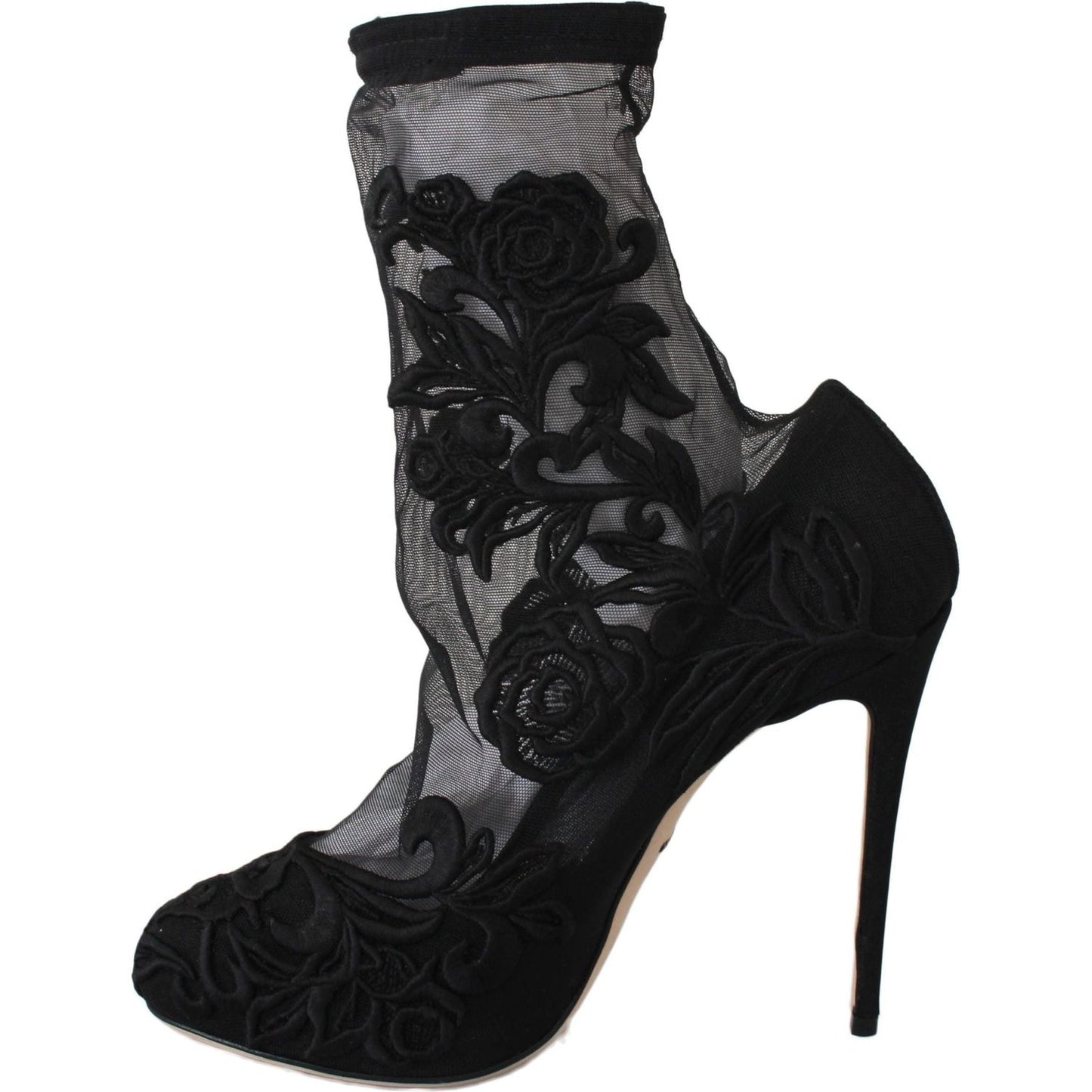 Dolce & Gabbana Embroidered Floral Stiletto Socks Booties Shoes black-roses-stilettos-booties-socks-shoes