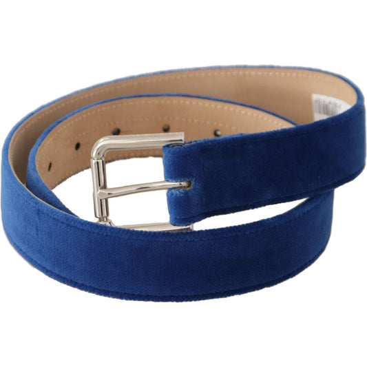 Dolce & Gabbana Elegant Velvet Metal-Logo Belt blue-velvet-silver-logo-engraved-metal-buckle-belt