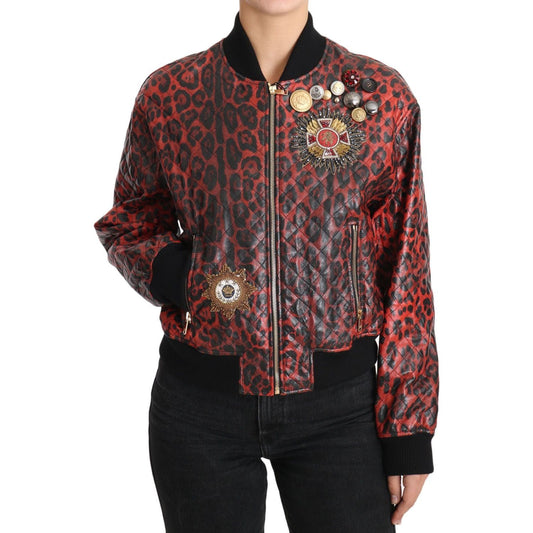 Dolce & Gabbana Red Leopard Bomber Leather Jacket with Crystal Buttons Coats & Jackets red-leopard-button-crystal-leather-jacket