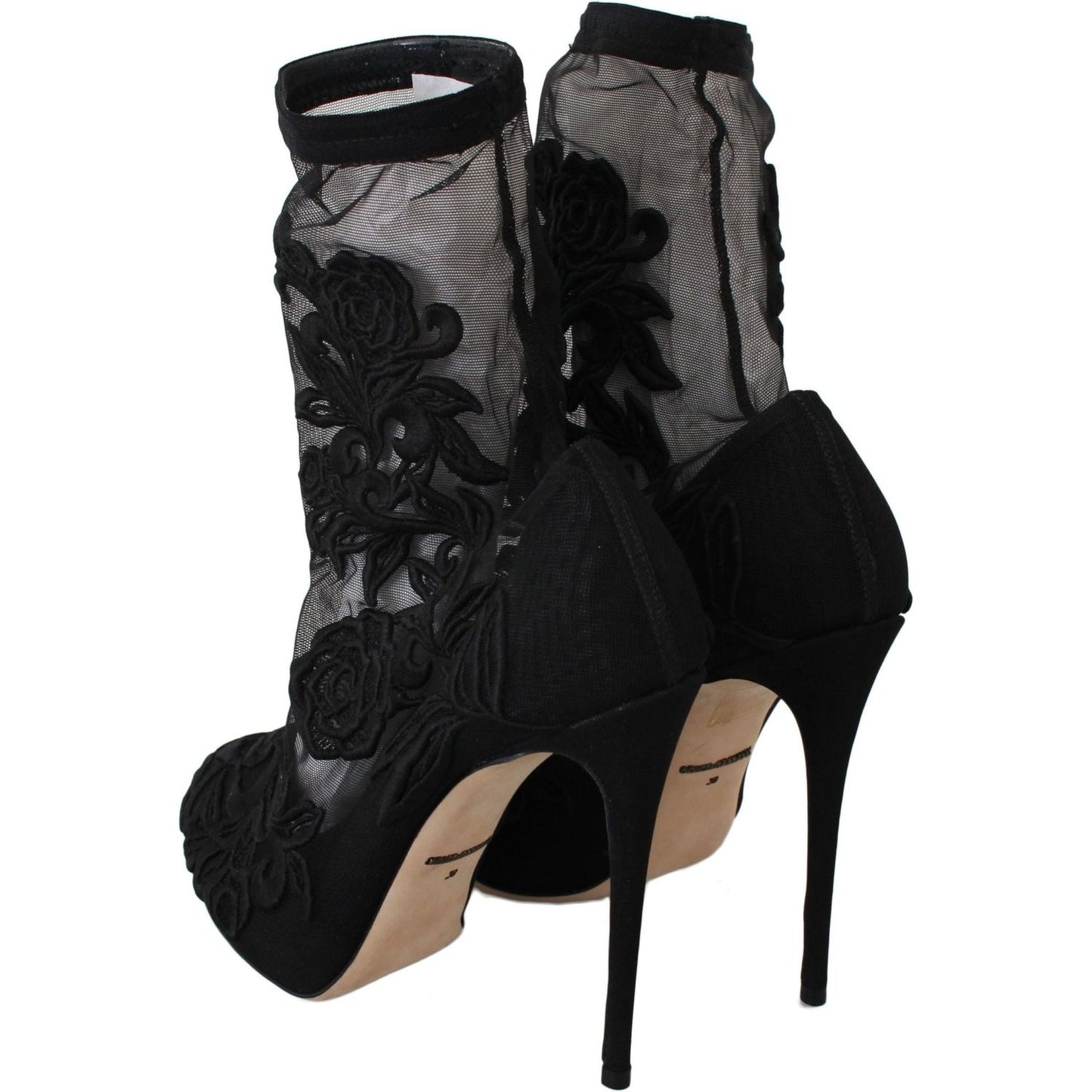 Dolce & Gabbana Embroidered Floral Stiletto Socks Booties Shoes black-roses-stilettos-booties-socks-shoes