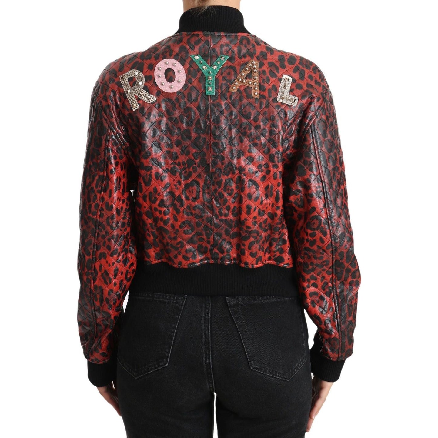 Dolce & Gabbana Red Leopard Bomber Leather Jacket with Crystal Buttons Coats & Jackets red-leopard-button-crystal-leather-jacket