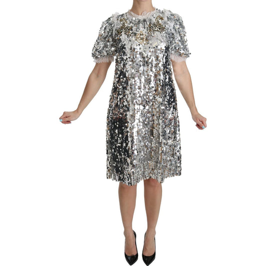 Dolce & Gabbana Elegant Silver A-Line Dress with Crystal Accents silver-sequined-crystal-shift-gown-dress