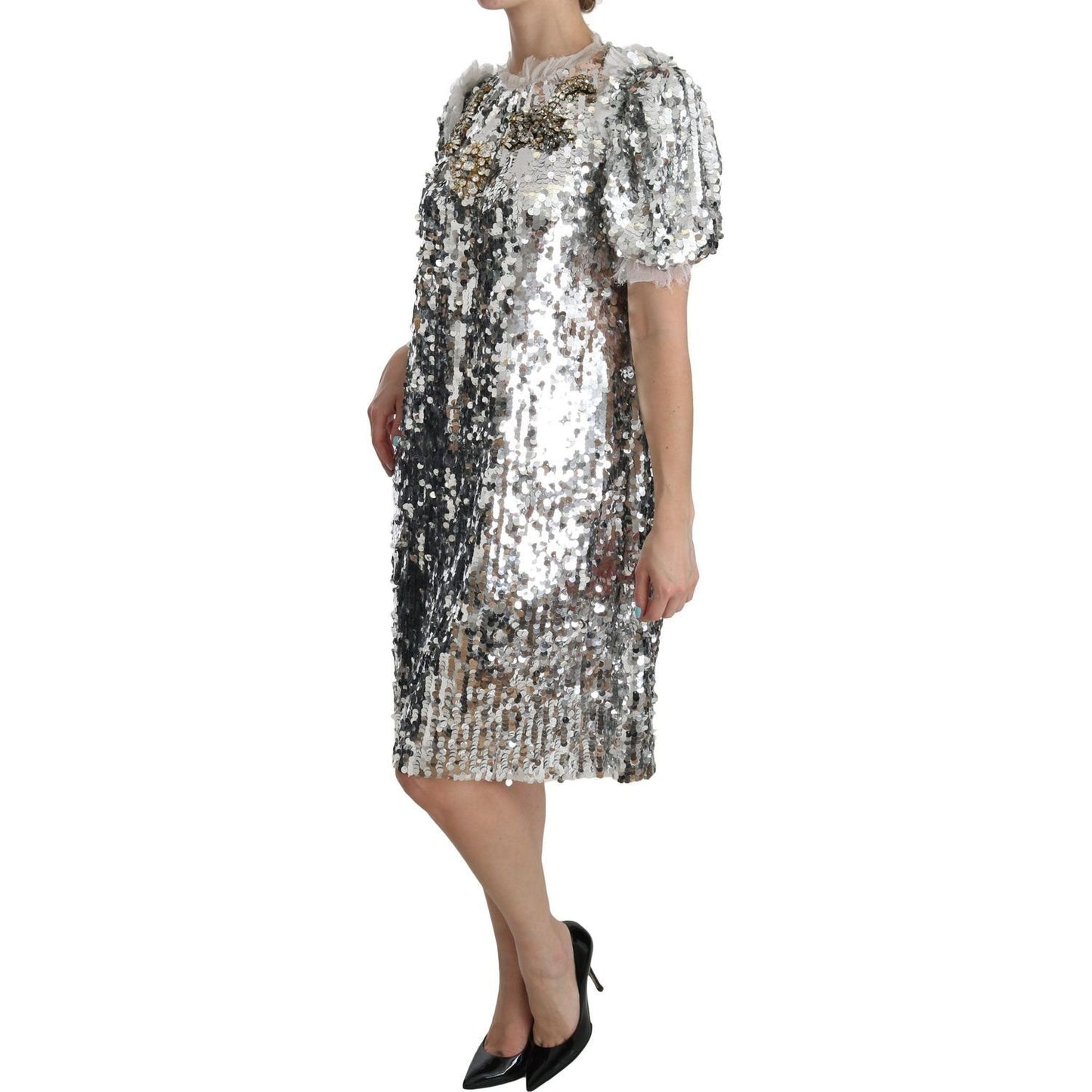 Dolce & Gabbana Elegant Silver A-Line Dress with Crystal Accents silver-sequined-crystal-shift-gown-dress