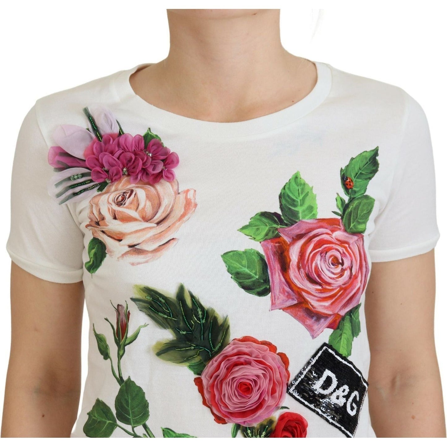 Dolce & Gabbana Elegant Multicolor Rose Print Cotton Tee white-rose-dglogo-printed-short-sleeves-top