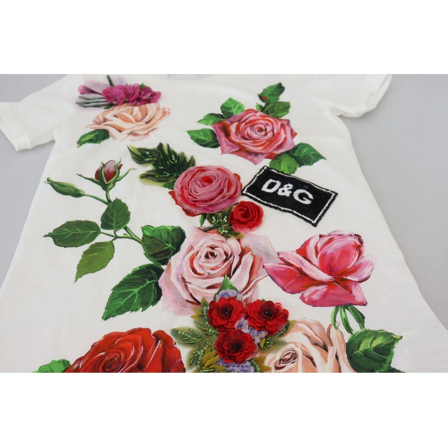 Dolce & Gabbana Elegant Multicolor Rose Print Cotton Tee white-rose-dglogo-printed-short-sleeves-top