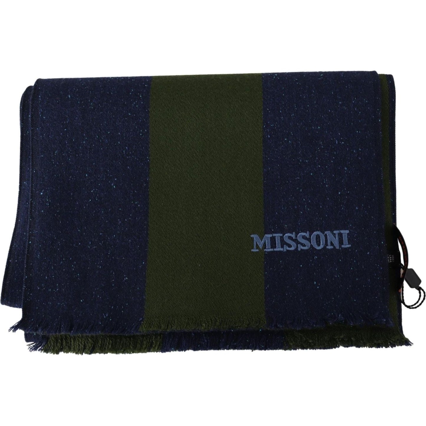 Missoni Authentic Wool Scarf with Stripes and Logo Embroidery green-striped-wool-unisex-neck-wrap-shawl-blue