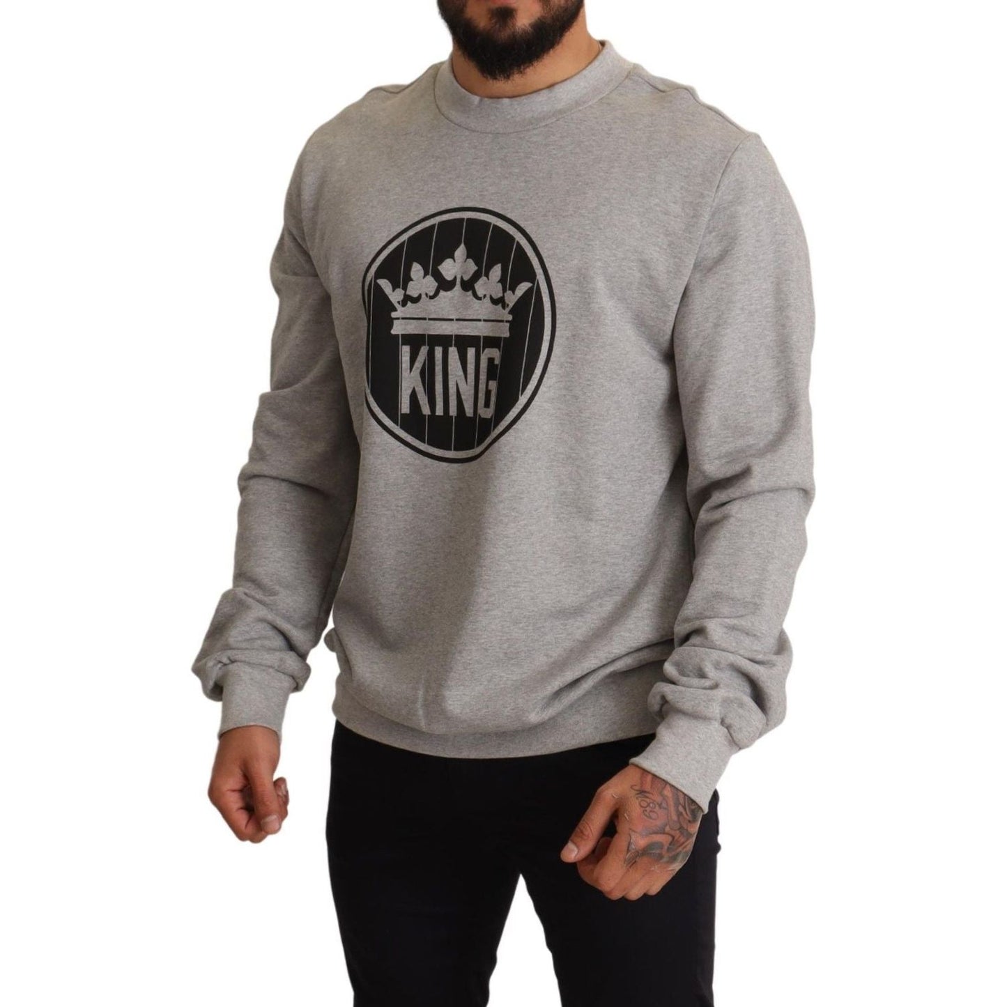 Dolce & Gabbana Regal Crown Cotton Sweater - Sophisticated Gray MAN SWEATERS gray-crown-king-print-cotton-sweater