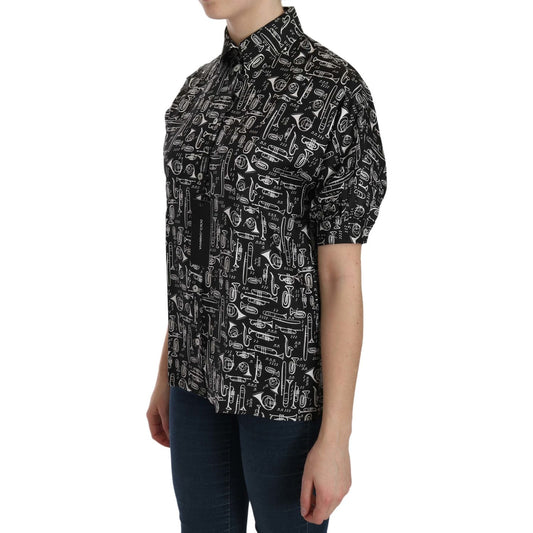Dolce & Gabbana Elegant Musical Instrument Silk Top black-musical-instrument-collared-blouse-shirt