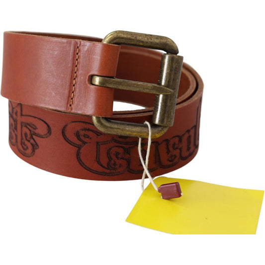 Just Cavalli Chic Brown Leather Logo Waist Belt Belt brown-leather-logo-bronze-rustic-metal-buckle-belt