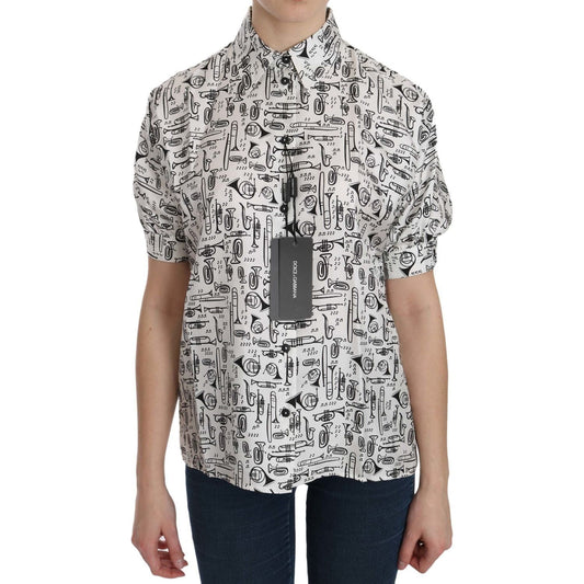 Dolce & Gabbana Musical Instrument Print Silk Collared Top white-musical-instrument-collared-blouse-shirt