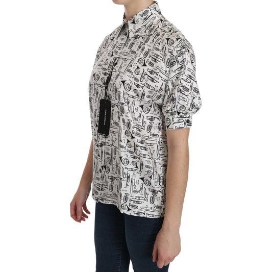 Dolce & Gabbana Musical Instrument Print Silk Collared Top white-musical-instrument-collared-blouse-shirt