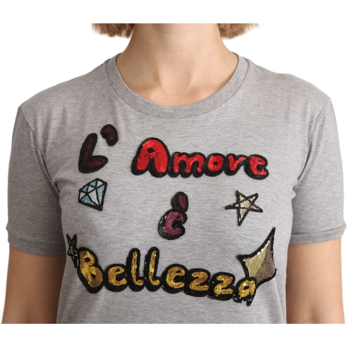 Dolce & Gabbana Sequined Motive Cotton Tee gray-cotton-amore-e-bellezza-top-t-shirt