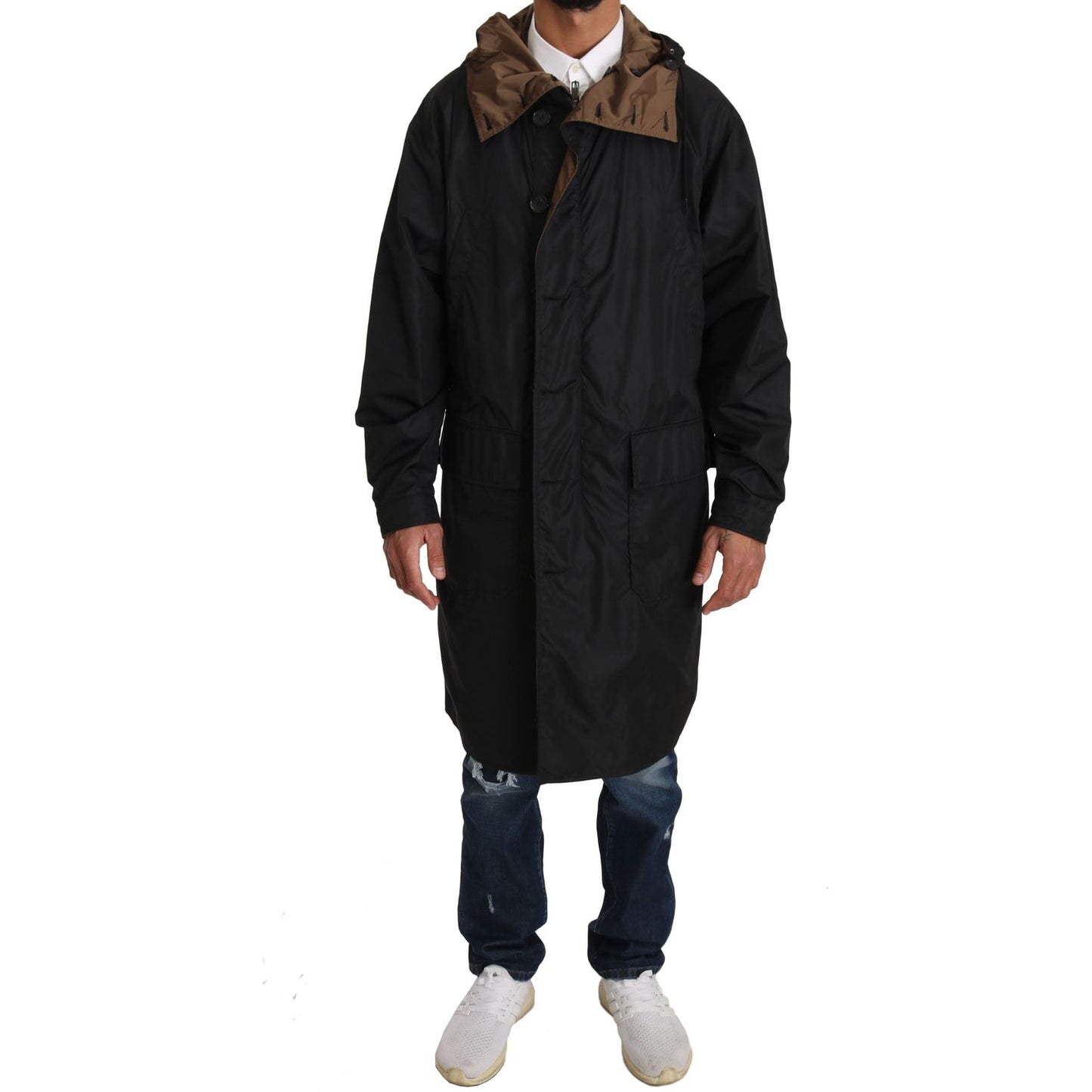 Dolce & Gabbana Elegant Reversible Hooded Raincoat Coats & Jackets black-brown-hooded-reversible-raincoat IMG_0754.jpg