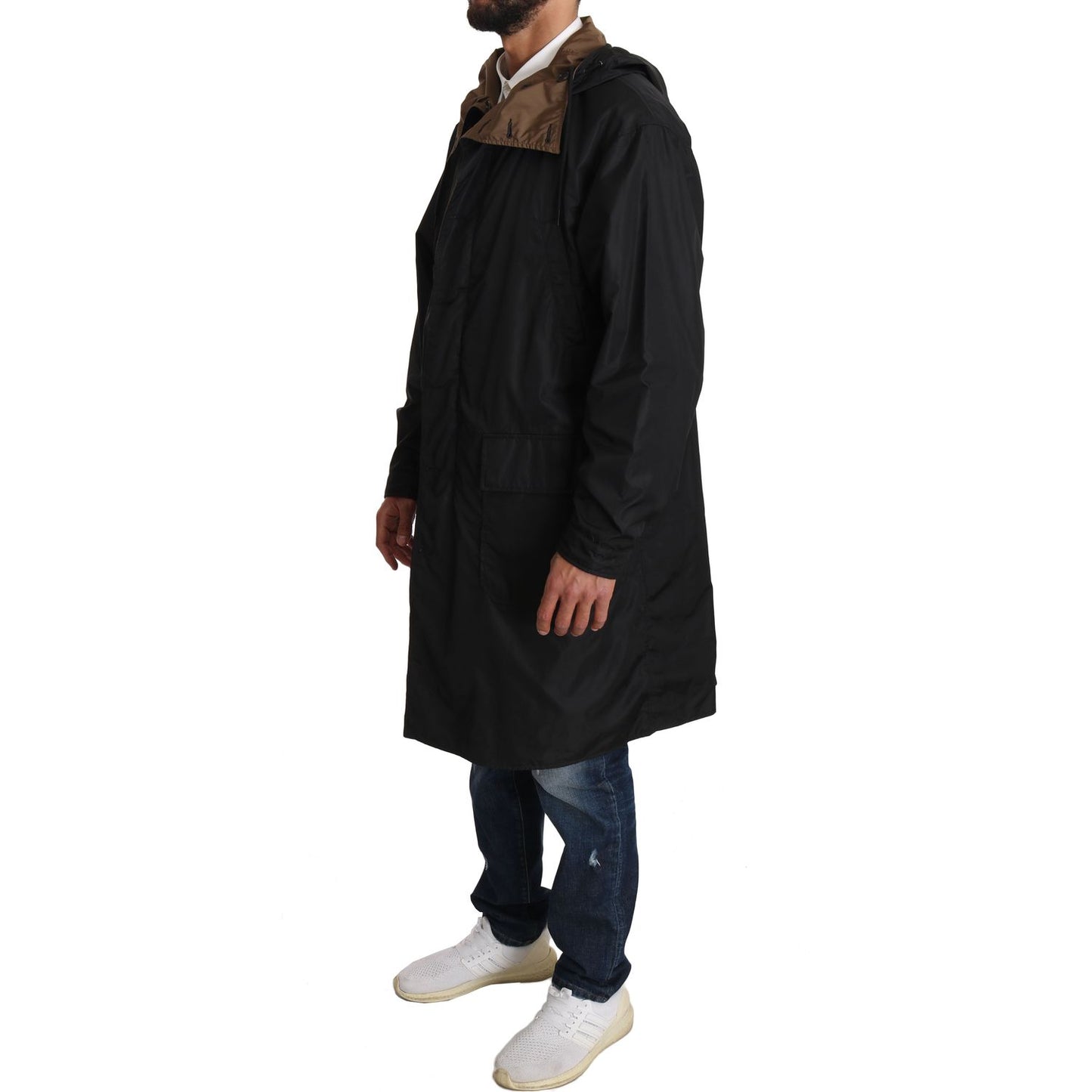 Dolce & Gabbana Elegant Reversible Hooded Raincoat Coats & Jackets black-brown-hooded-reversible-raincoat IMG_0755.jpg