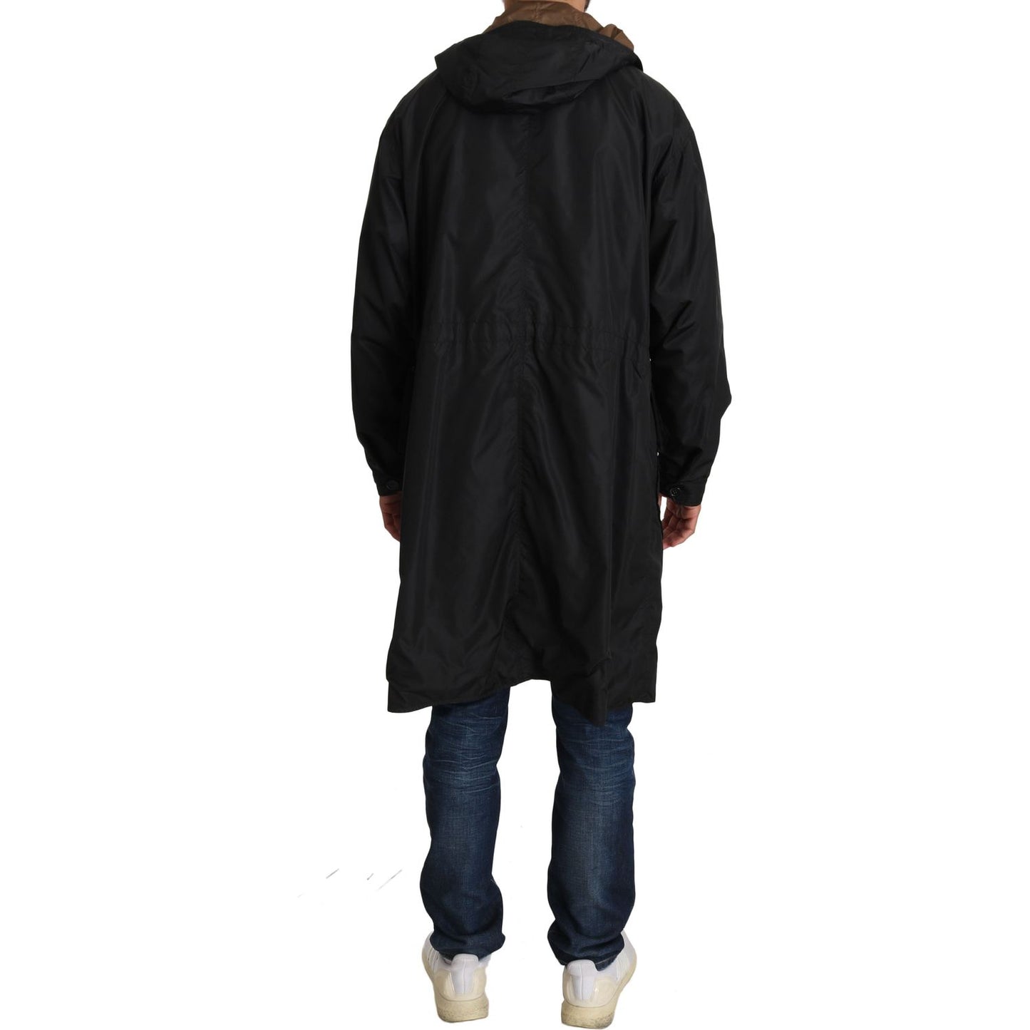 Dolce & Gabbana Elegant Reversible Hooded Raincoat Coats & Jackets black-brown-hooded-reversible-raincoat IMG_0756.jpg