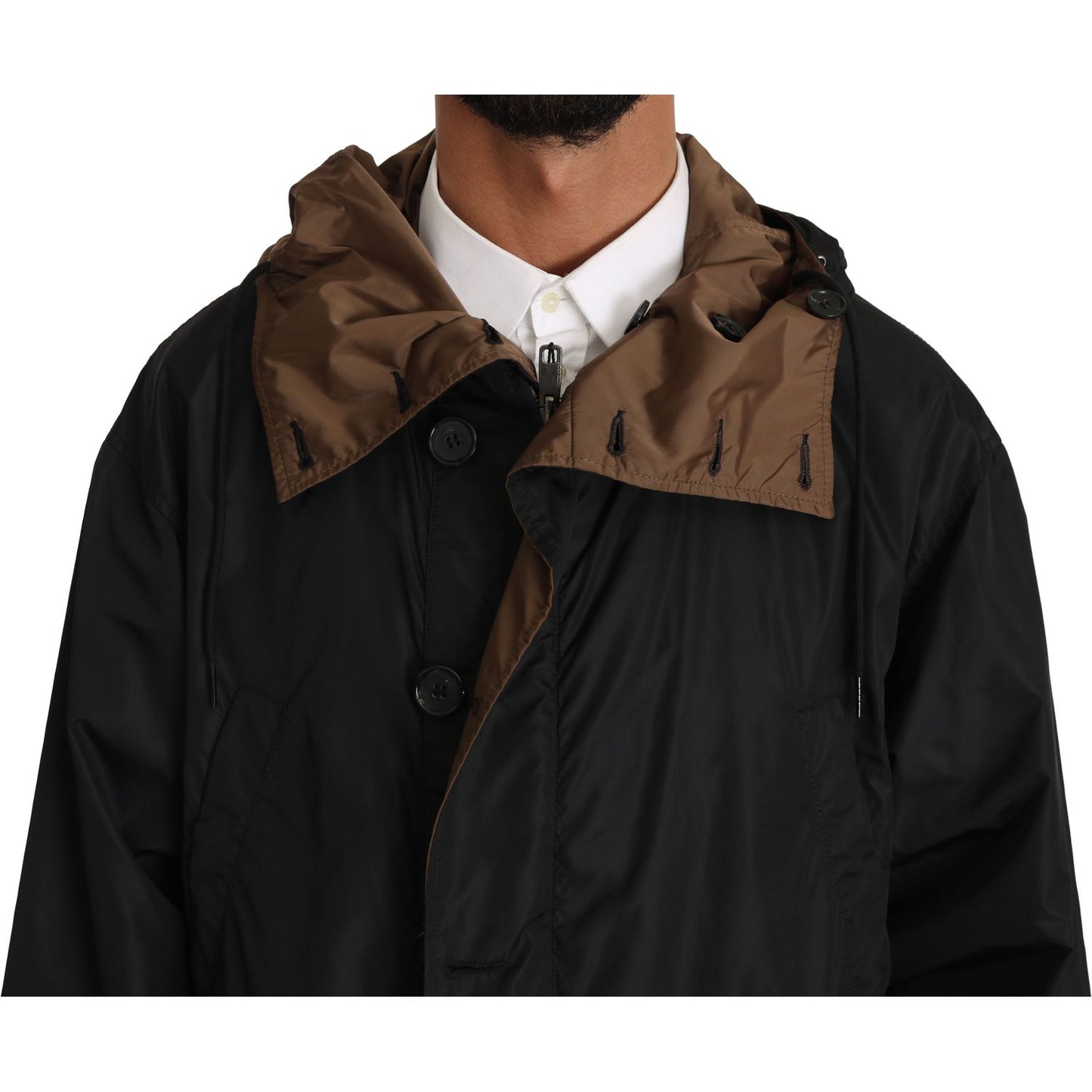 Dolce & Gabbana Elegant Reversible Hooded Raincoat Coats & Jackets black-brown-hooded-reversible-raincoat IMG_0757.jpg