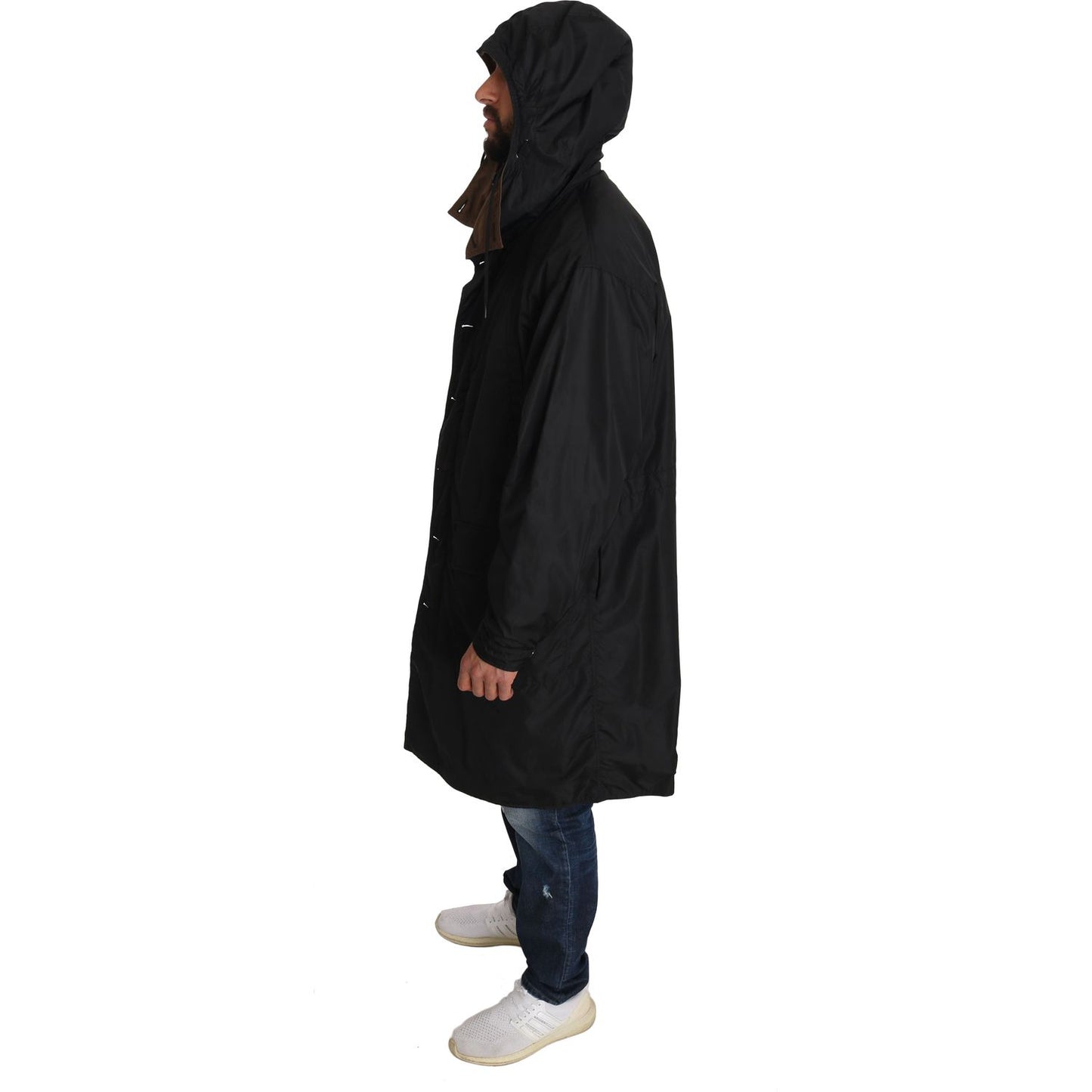 Dolce & Gabbana Elegant Reversible Hooded Raincoat Coats & Jackets black-brown-hooded-reversible-raincoat IMG_0758.jpg