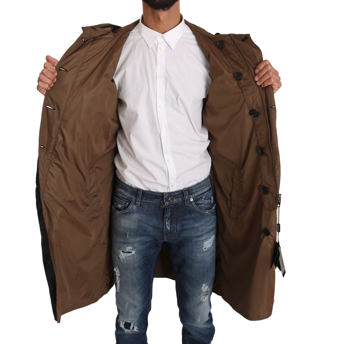 Dolce & Gabbana Elegant Reversible Hooded Raincoat Coats & Jackets black-brown-hooded-reversible-raincoat IMG_0760.jpg