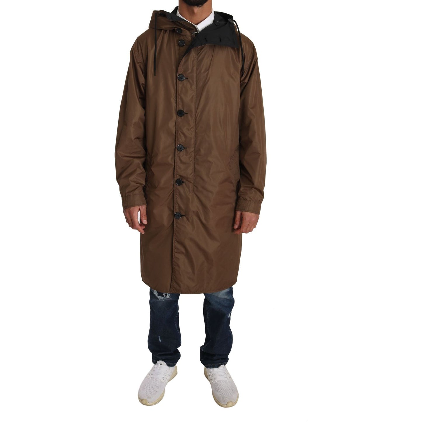 Dolce & Gabbana Elegant Reversible Hooded Raincoat Coats & Jackets black-brown-hooded-reversible-raincoat IMG_0761.jpg