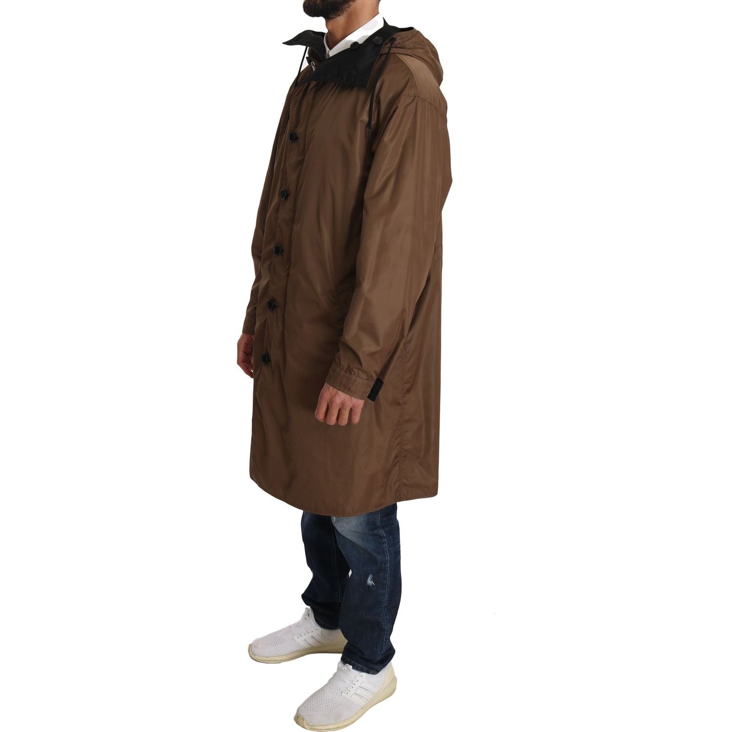 Dolce & Gabbana Elegant Reversible Hooded Raincoat Coats & Jackets black-brown-hooded-reversible-raincoat IMG_0762.jpg
