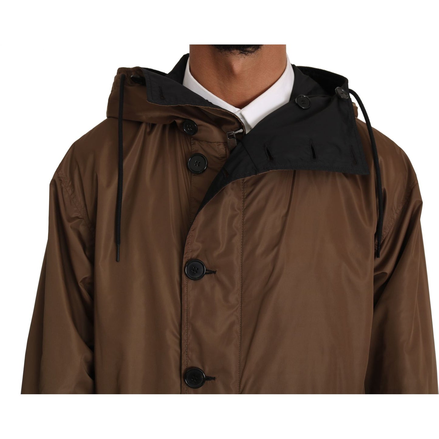 Dolce & Gabbana Elegant Reversible Hooded Raincoat Coats & Jackets black-brown-hooded-reversible-raincoat IMG_0764.jpg